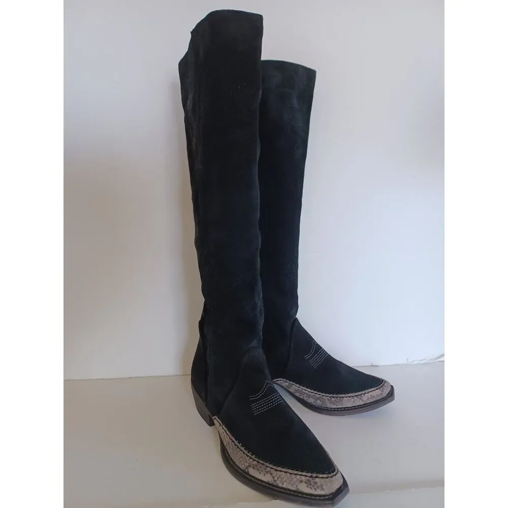 Free People Boho Western Boot Sterling Knee Hi Tall Slouchy Black Suede Euro 38